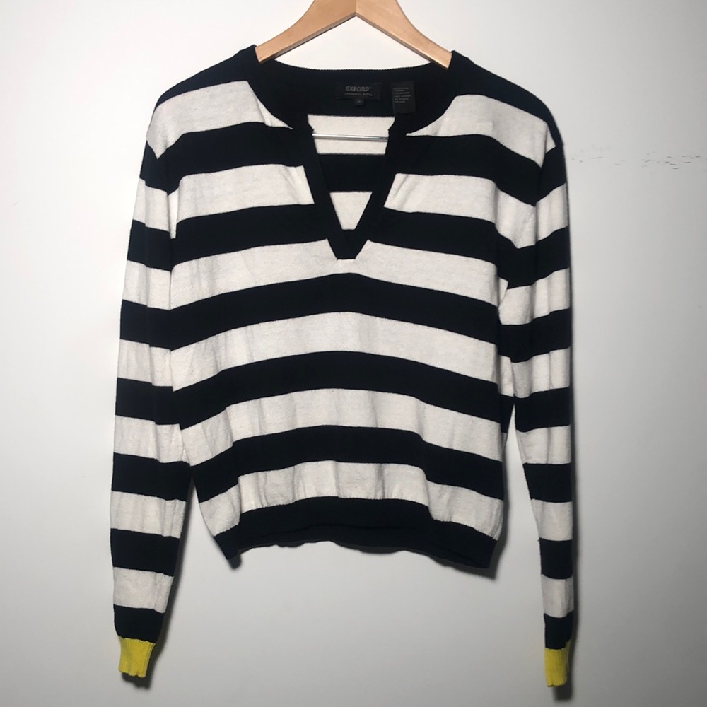 Oxford Black and White Striped V-Neck Sweater, cashmere, cotton and wool, size M
